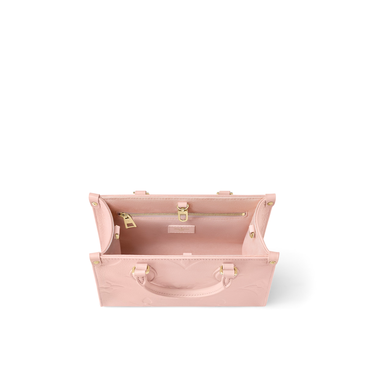 OnTheGo PM Pink Opale – the four riveted corner-tabs evoke the House’s famed trunks – LUX VERSE Luxury Designer Fashion Outlet