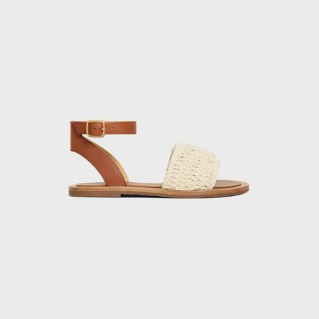 LYMPIA SANDAL in MACCRAMÉ COTTON & CALFSKIN – lINING0.6 IN (15 MM) heel ENGRAVED ADJUSTABLE BUCKLESLIGHTY PADDED LEATHER – LUX VERSE Luxury Designer Fashion Outlet