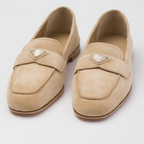 Suede loafers Ecru – the sophisticated style with leather sole is decorated with the iconic enameled – LUX VERSE Luxury Designer Fashion Outlet