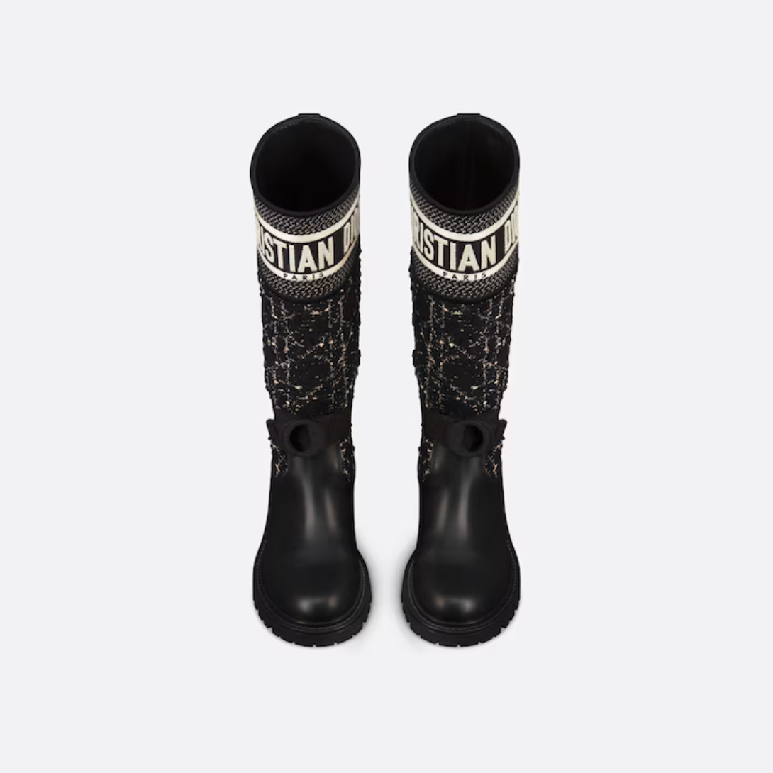 D-Major Boot – joining embroidered cotton featuring a Cannage motif with black calfskin, the style – LUX VERSE Luxury Designer Fashion Outlet