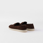 Suede loafers – upper with leather band Apron with pinched stitch seam Leather lining Enameled metal – LUX VERSE Luxury Designer Fashion Outlet