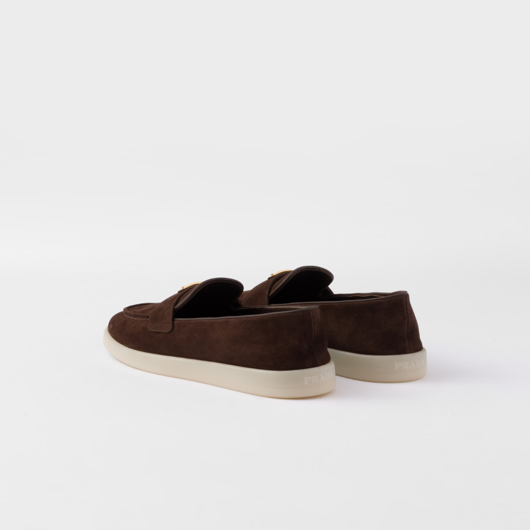 Suede loafers – upper with leather band Apron with pinched stitch seam Leather lining Enameled metal – LUX VERSE Luxury Designer Fashion Outlet