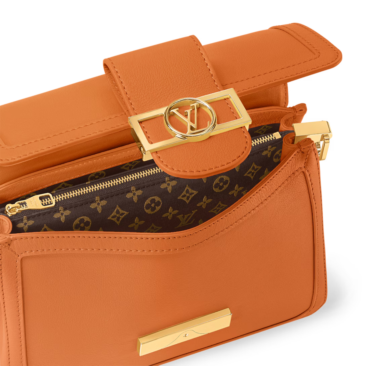 Dauphine Soft MM – apricot Calfskin Calfskin trim Monogram Ebene jacquard canvas lining Gold-color – LUX VERSE Luxury Designer Fashion Outlet