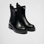 Brushed leather booties – upper with elasticized side gusset and pull tab on the back Leather lining Enameled – LUX VERSE Luxury Designer Fashion Outlet