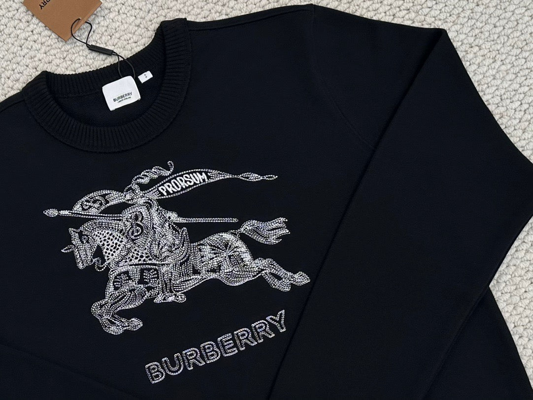 Black Cotton Knight Print Crewneck - Men's