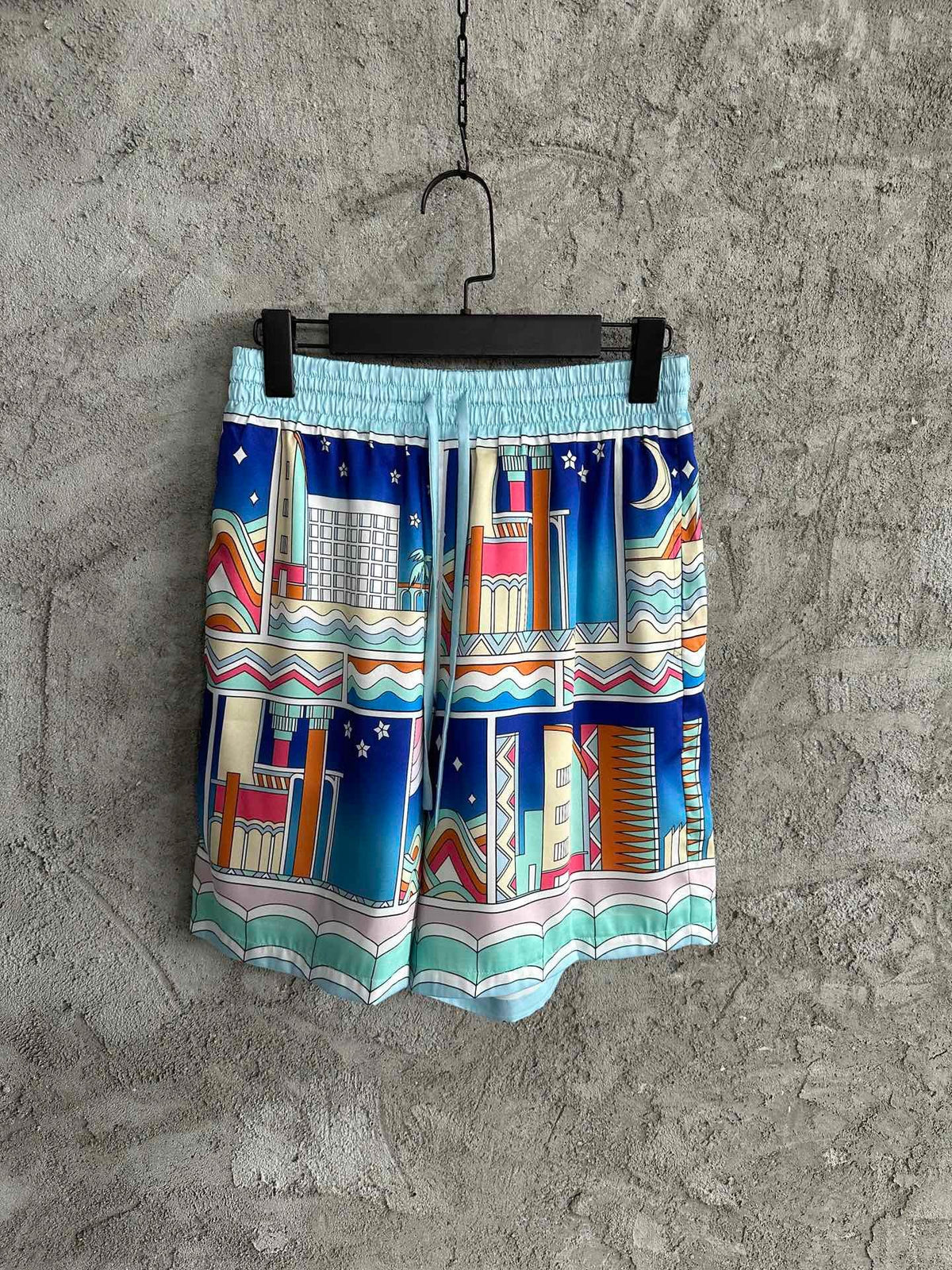 Blue Scenic Print Silk Shorts - Men's