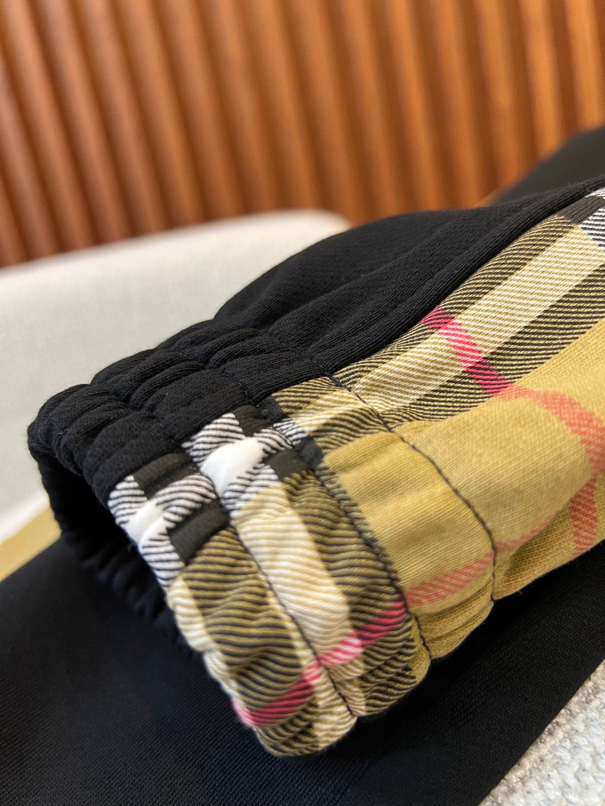 Black Cotton Check Panel Joggers - Men's