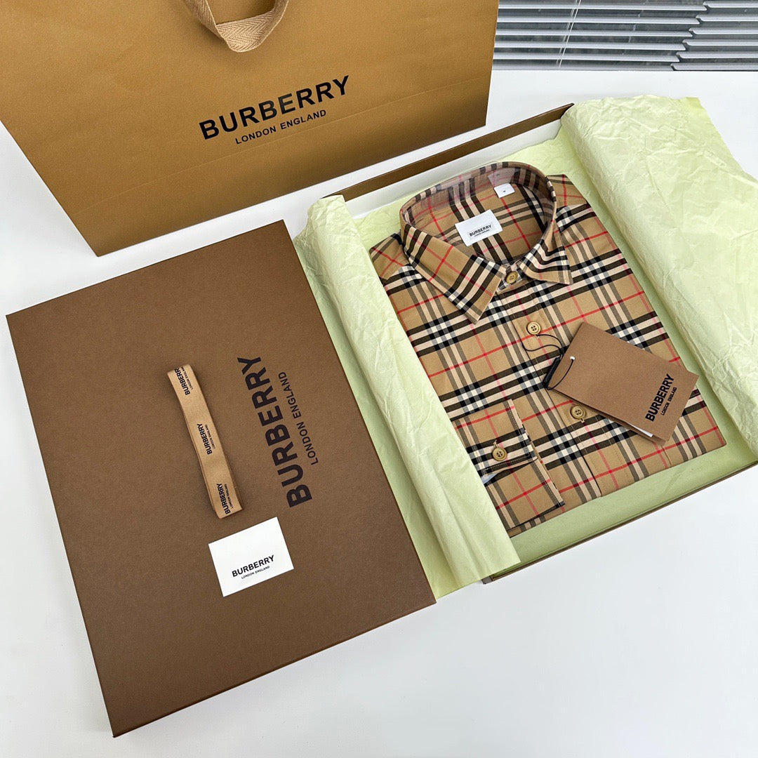 Beige Baumwoll-Langarmshirt mit Vintage Check – Herren