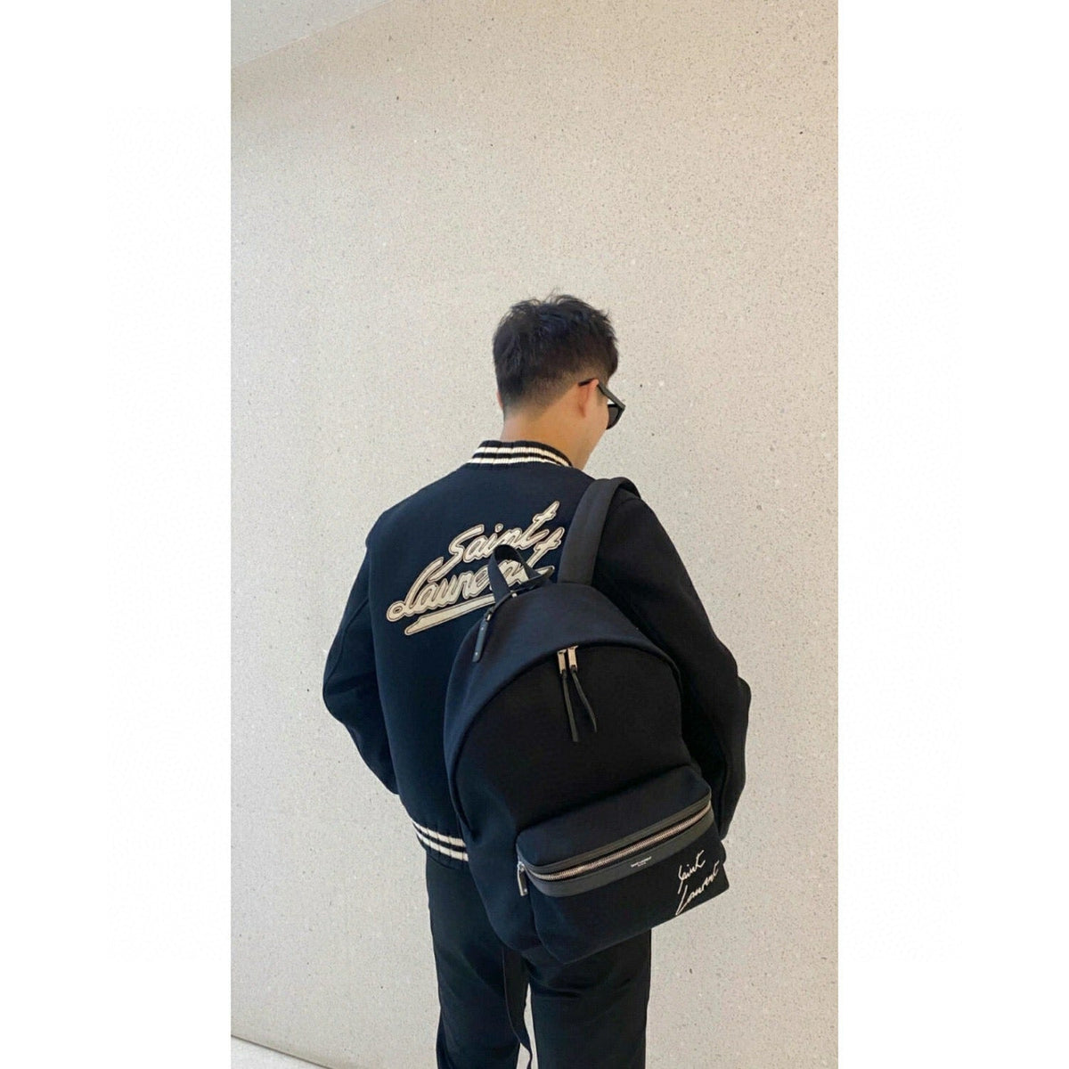 Schwarze College-Jacke aus Wolle mit gestreiften Bündchen – Herren