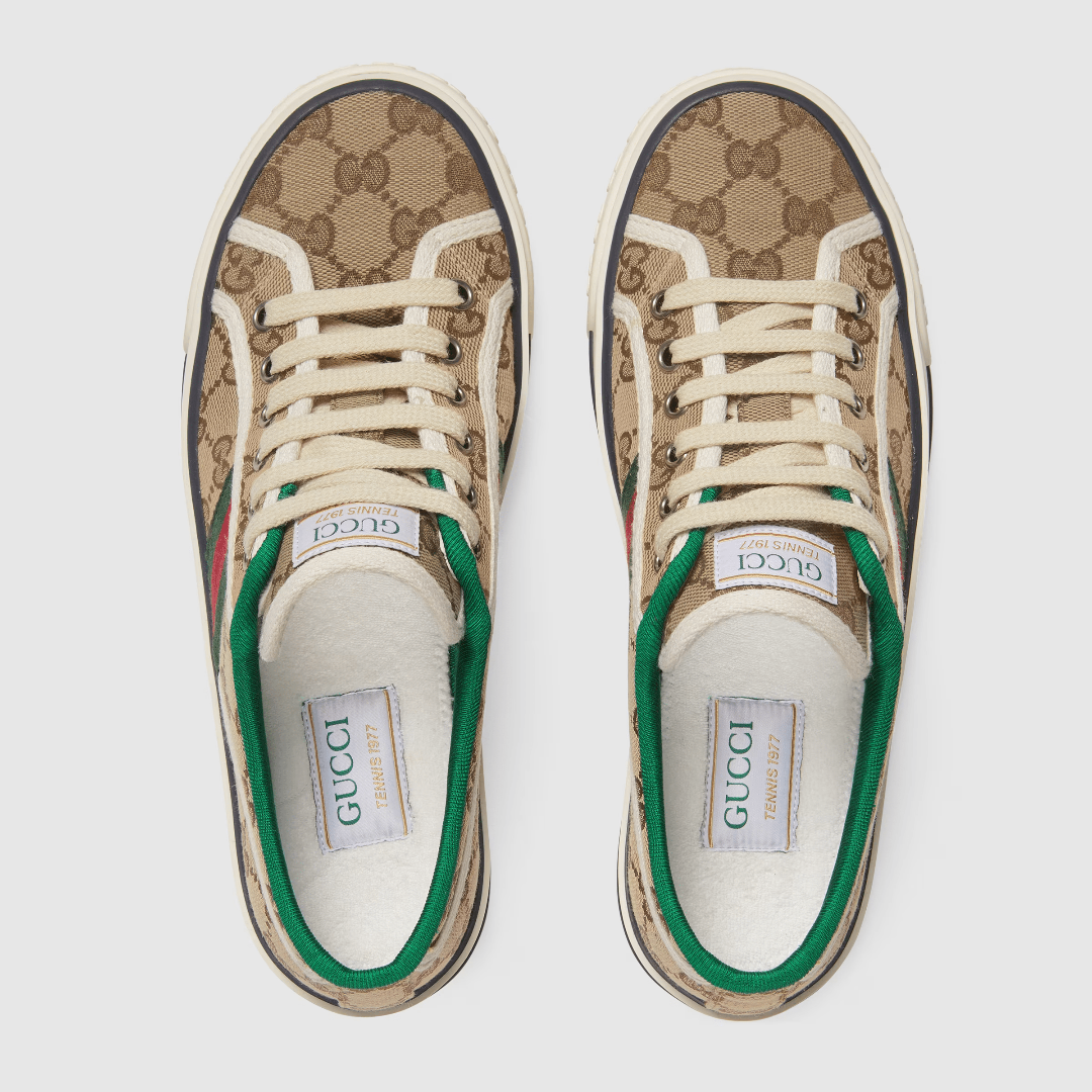 Women's Gg Tennis 1977 Sneaker – beige/ebony GG canvas White contrast details Green and red Web Green grosgrain trim – LUX VERSE Luxury Designer Fashion Outlet