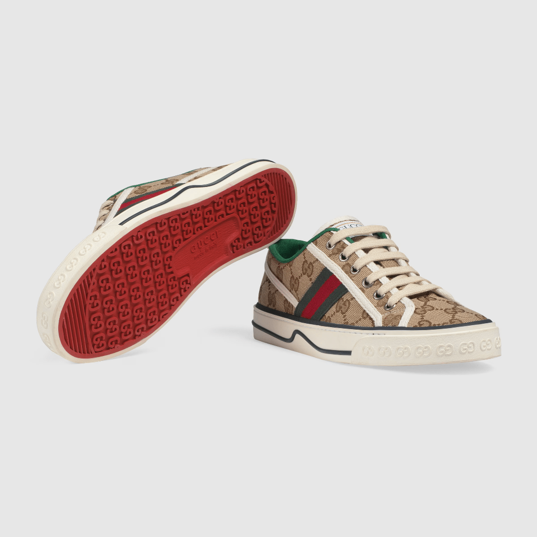 Women's Gg Tennis 1977 Sneaker – beige/ebony GG canvas White contrast details Green and red Web Green grosgrain trim – LUX VERSE Luxury Designer Fashion Outlet
