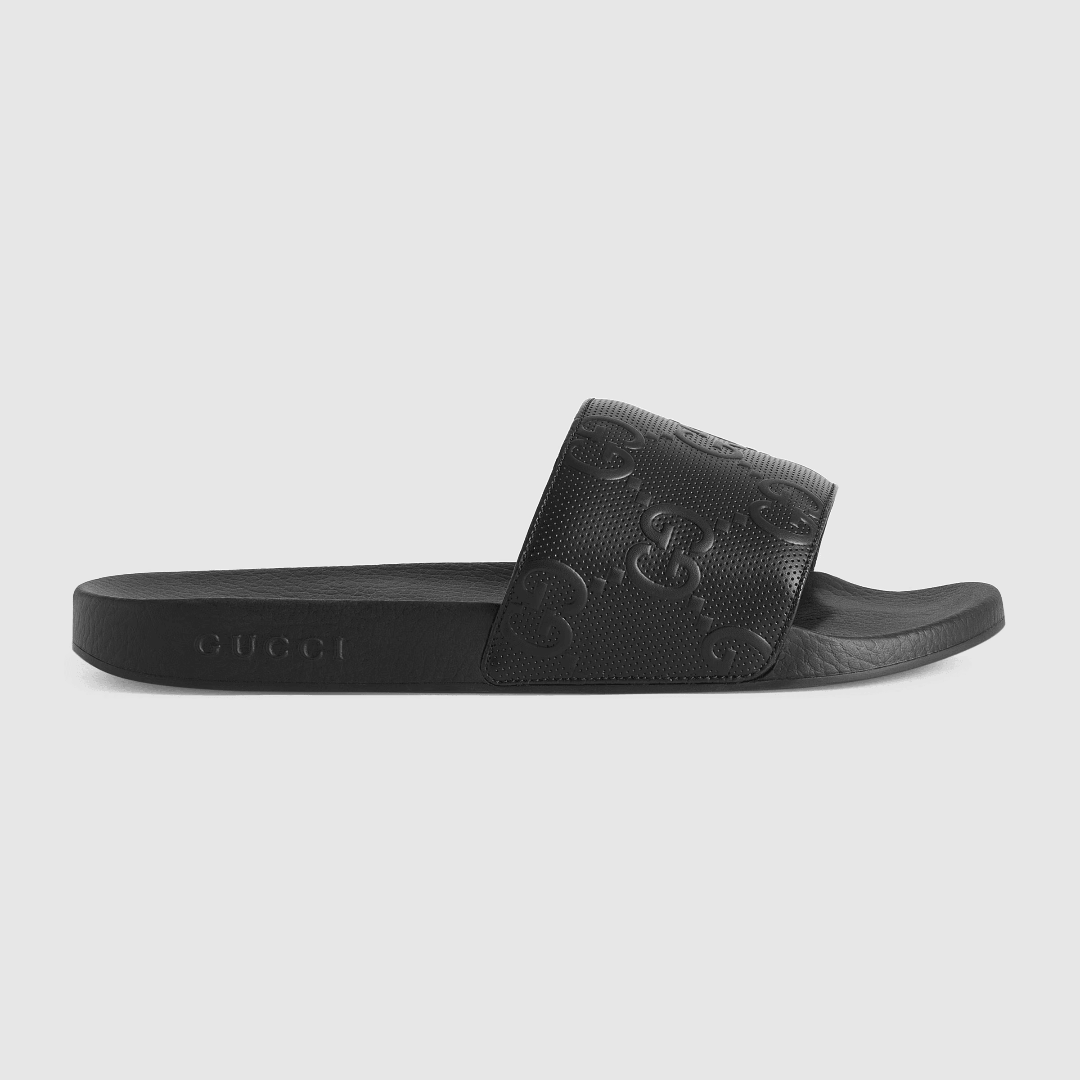 Men's Gg Slide Sandal – this pair of slide sandals is crafted from black Demetra with an allover GG motif – LUX VERSE Luxury Designer Fashion Outlet