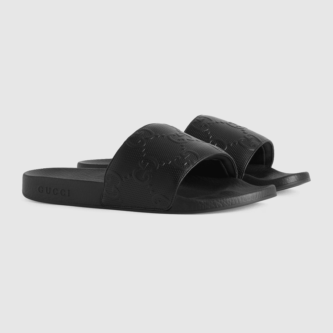 Men's Gg Slide Sandal – this pair of slide sandals is crafted from black Demetra with an allover GG motif – LUX VERSE Luxury Designer Fashion Outlet