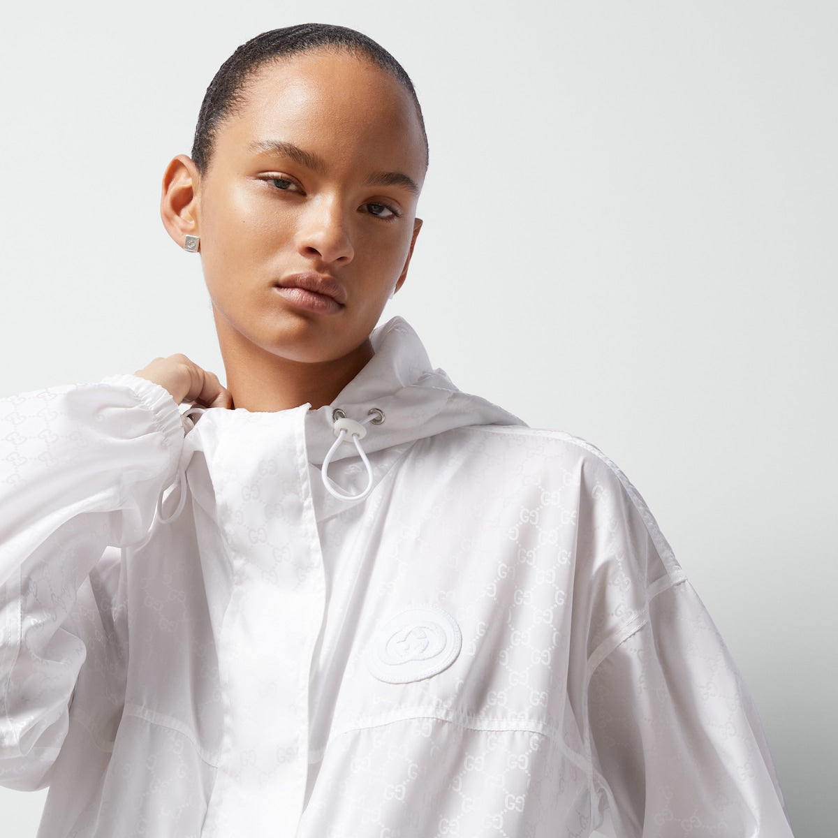 Nylon GG jacquard jacket – white nylon GG jacquard Interlocking G patch Fixed hood with drawstring Zip pockets – LUX VERSE Luxury Designer Fashion Outlet