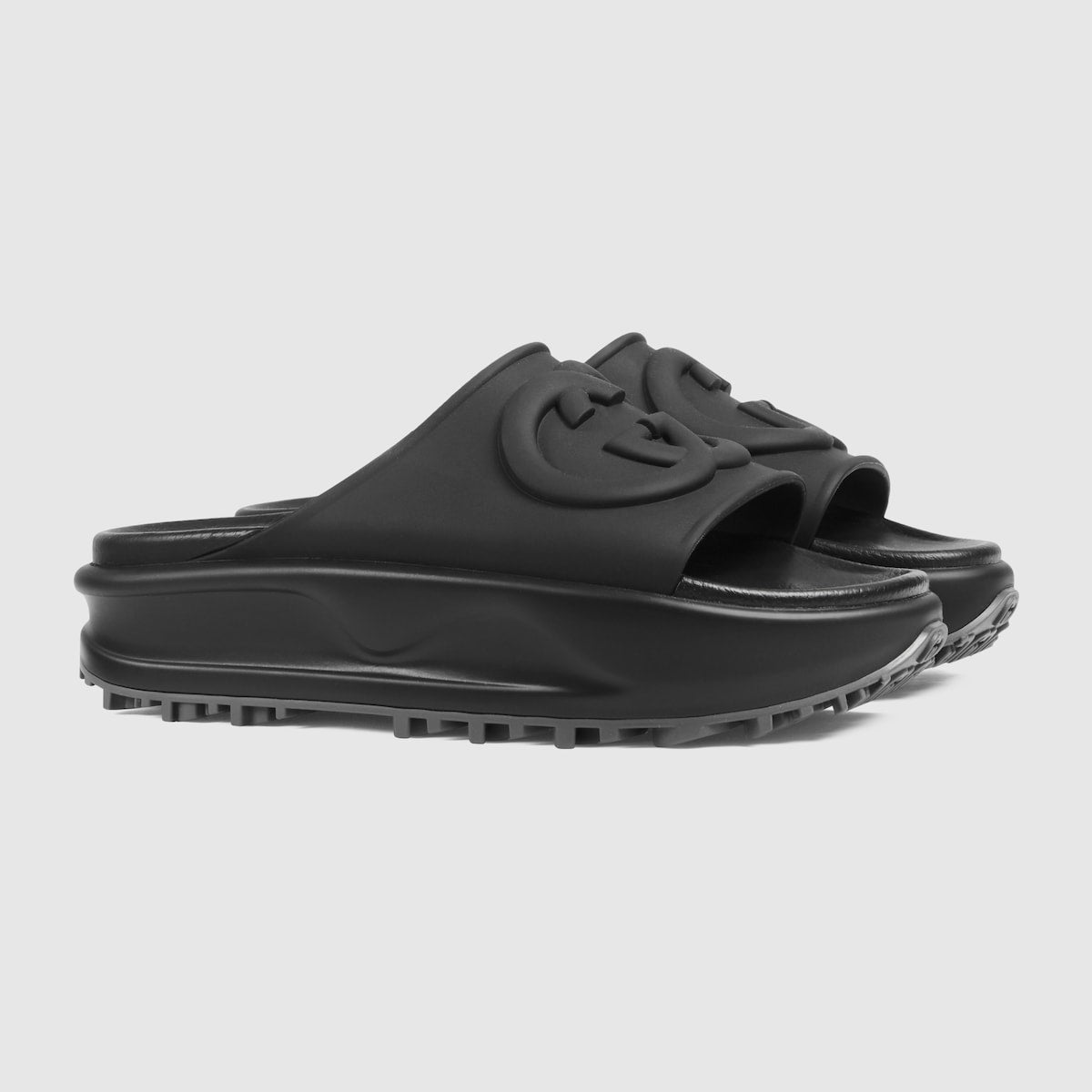 Women's rubber slide with Interlocking G – black rubber Women's Embossed Interlocking G Rubber sole Low heel 1.7"height, based – LUX VERSE Luxury Designer Fashion Outlet