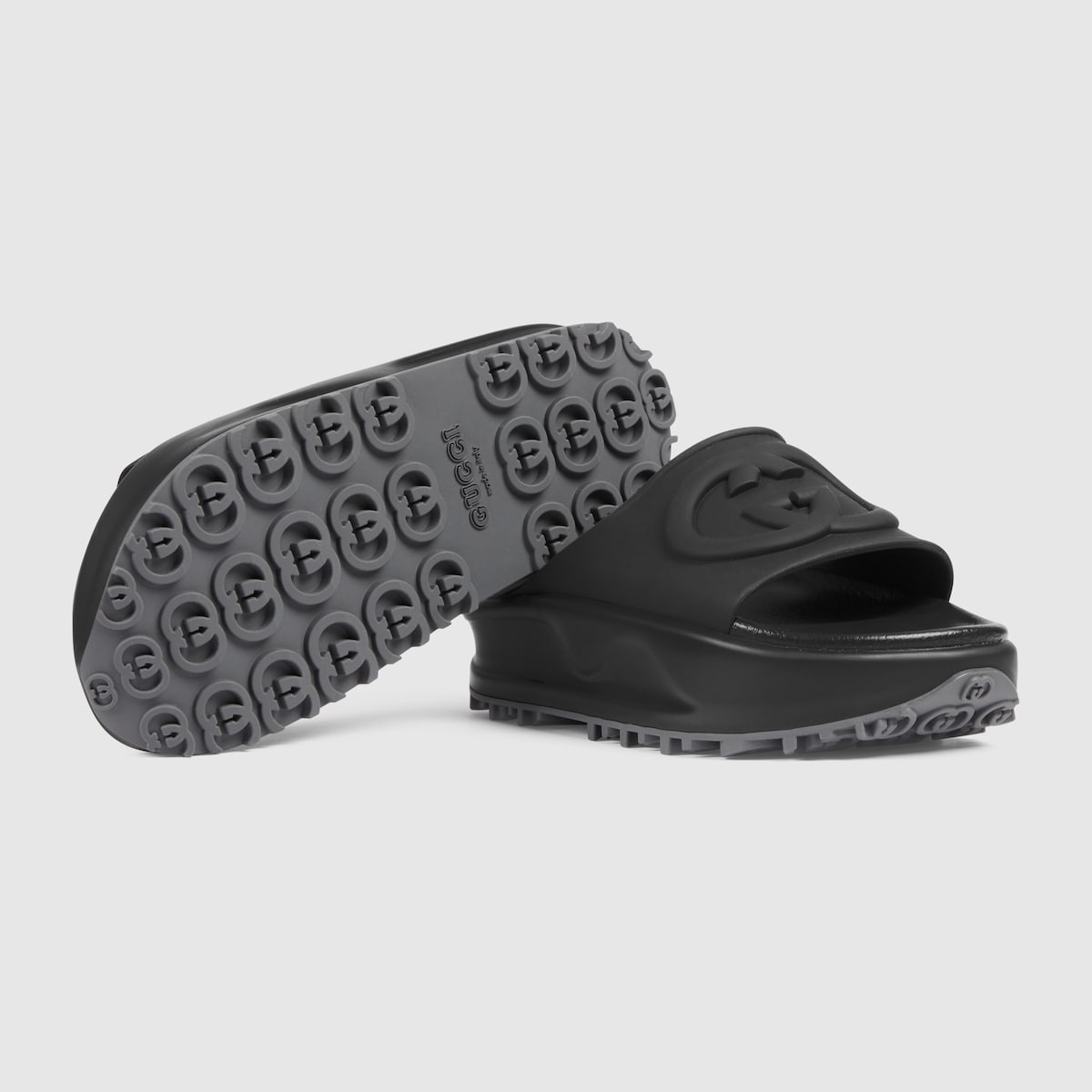 Women's rubber slide with Interlocking G – black rubber Women's Embossed Interlocking G Rubber sole Low heel 1.7"height, based – LUX VERSE Luxury Designer Fashion Outlet