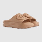 Embossed sandal with Interlocking G – brown rubber Women's Embossed Interlocking G Rubber sole Low heel 1.7"height, based – LUX VERSE Luxury Designer Fashion Outlet