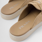Suede mules – upper with leather band Leather lining Enameled metal triangle logo Rubber sole – LUX VERSE Luxury Designer Fashion Outlet