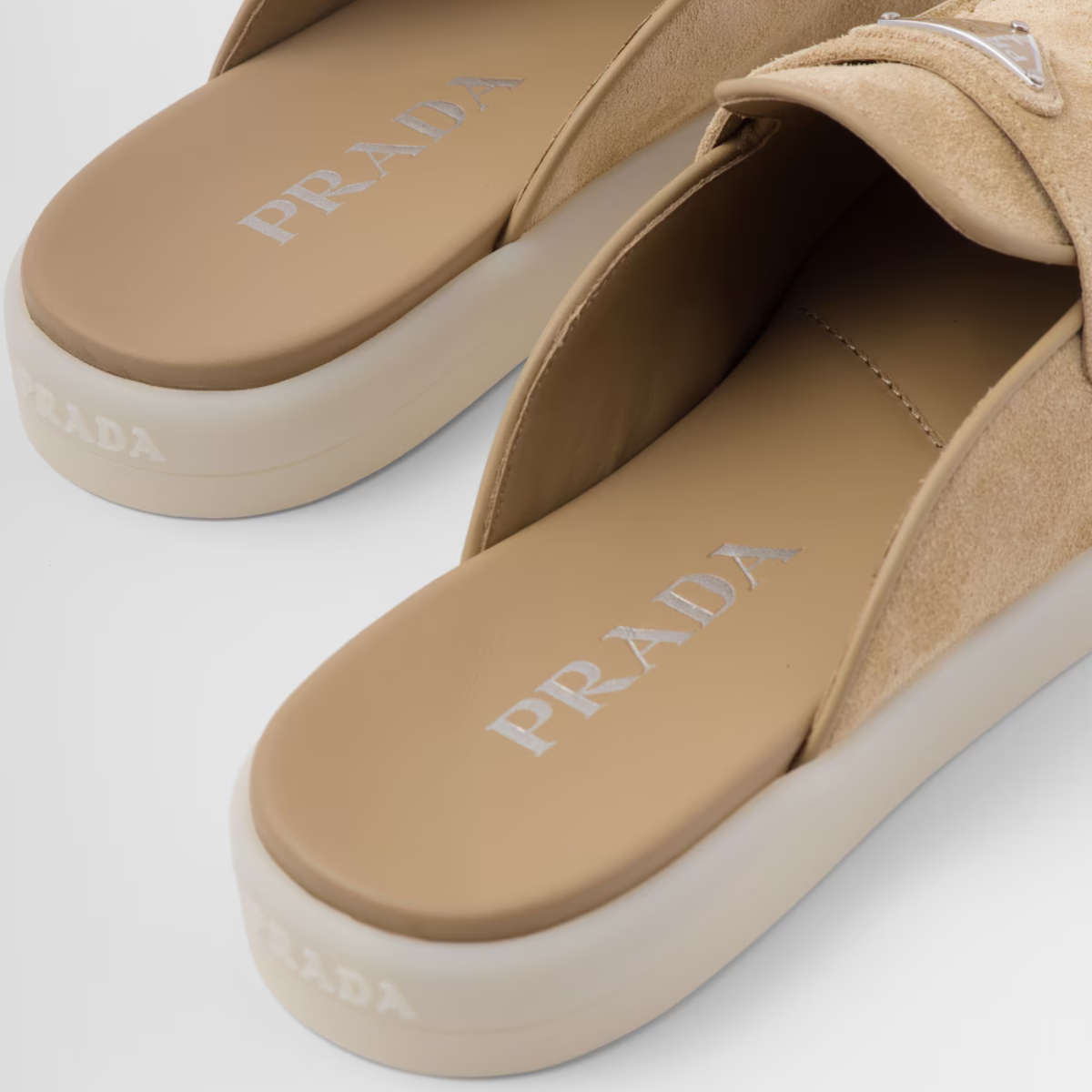 Suede mules – upper with leather band Leather lining Enameled metal triangle logo Rubber sole – LUX VERSE Luxury Designer Fashion Outlet