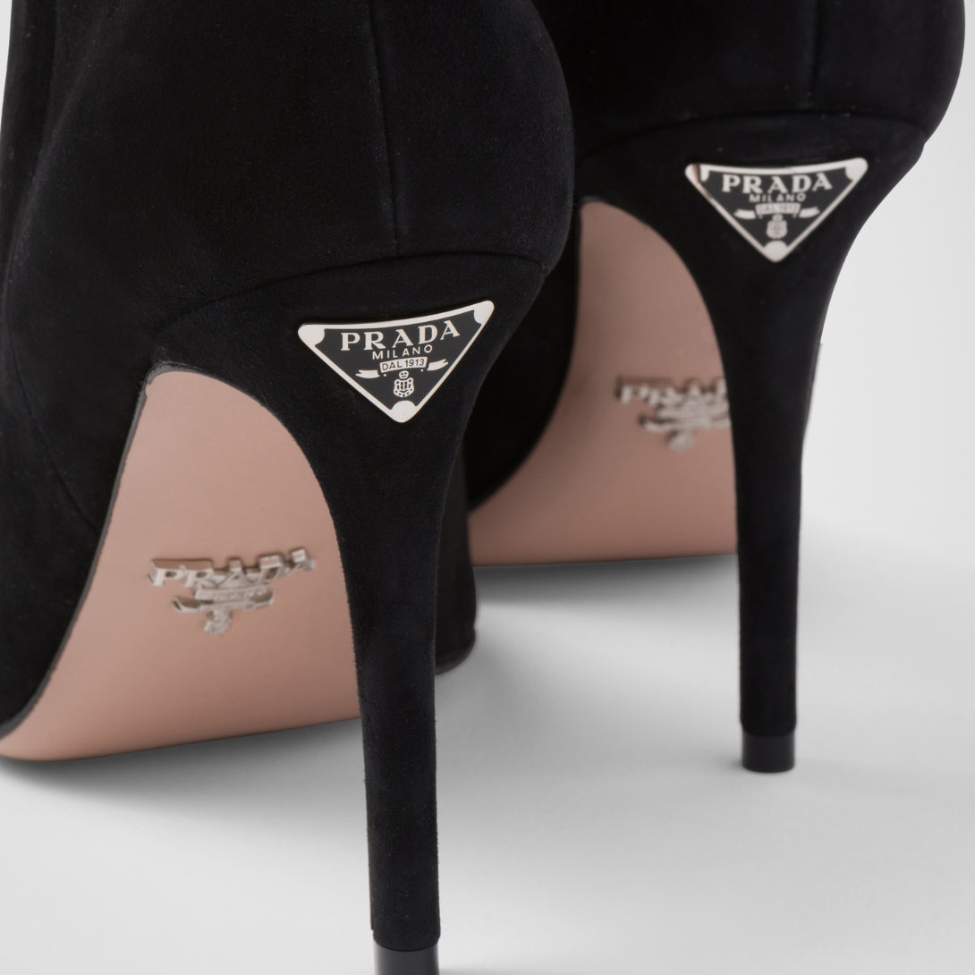High-heeled suede booties – leather lining Side zipper closure 16 cm high boot leg Leather sole and rubber heel – LUX VERSE Luxury Designer Fashion Outlet