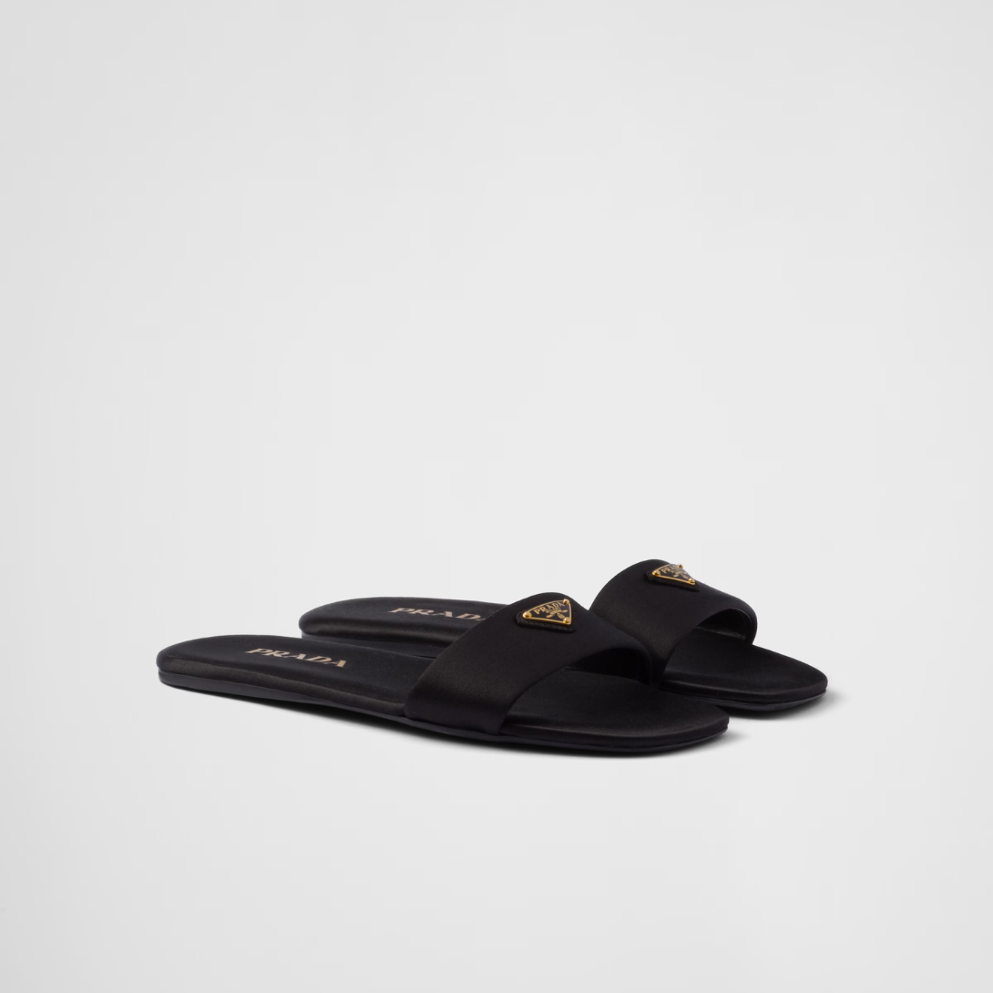 Satin slides – the flat, sleek silhouette with a square toe is completed by the iconic signature – LUX VERSE Luxury Designer Fashion Outlet