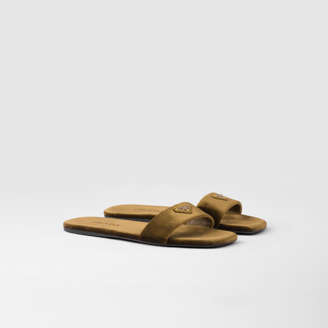 Flat velvet slides – the flat, sleek silhouette with square toe is completed by the iconic signature – LUX VERSE Luxury Designer Fashion Outlet
