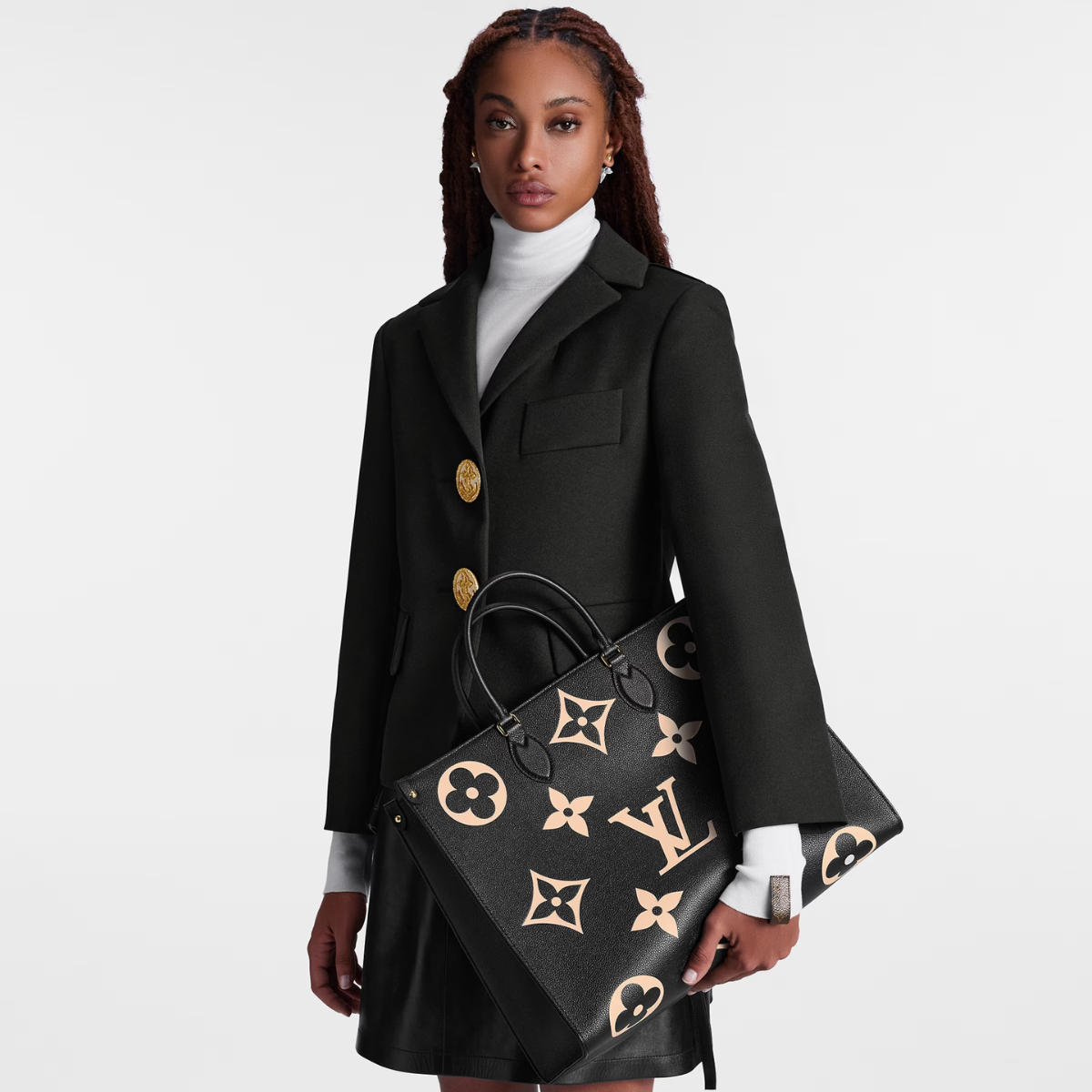 OnTheGo G Black – 41 x 34 x 19 cm(Depth x Height x Width) Black / Beige Embossed supple grained – LUX VERSE Luxury Designer Fashion Outlet