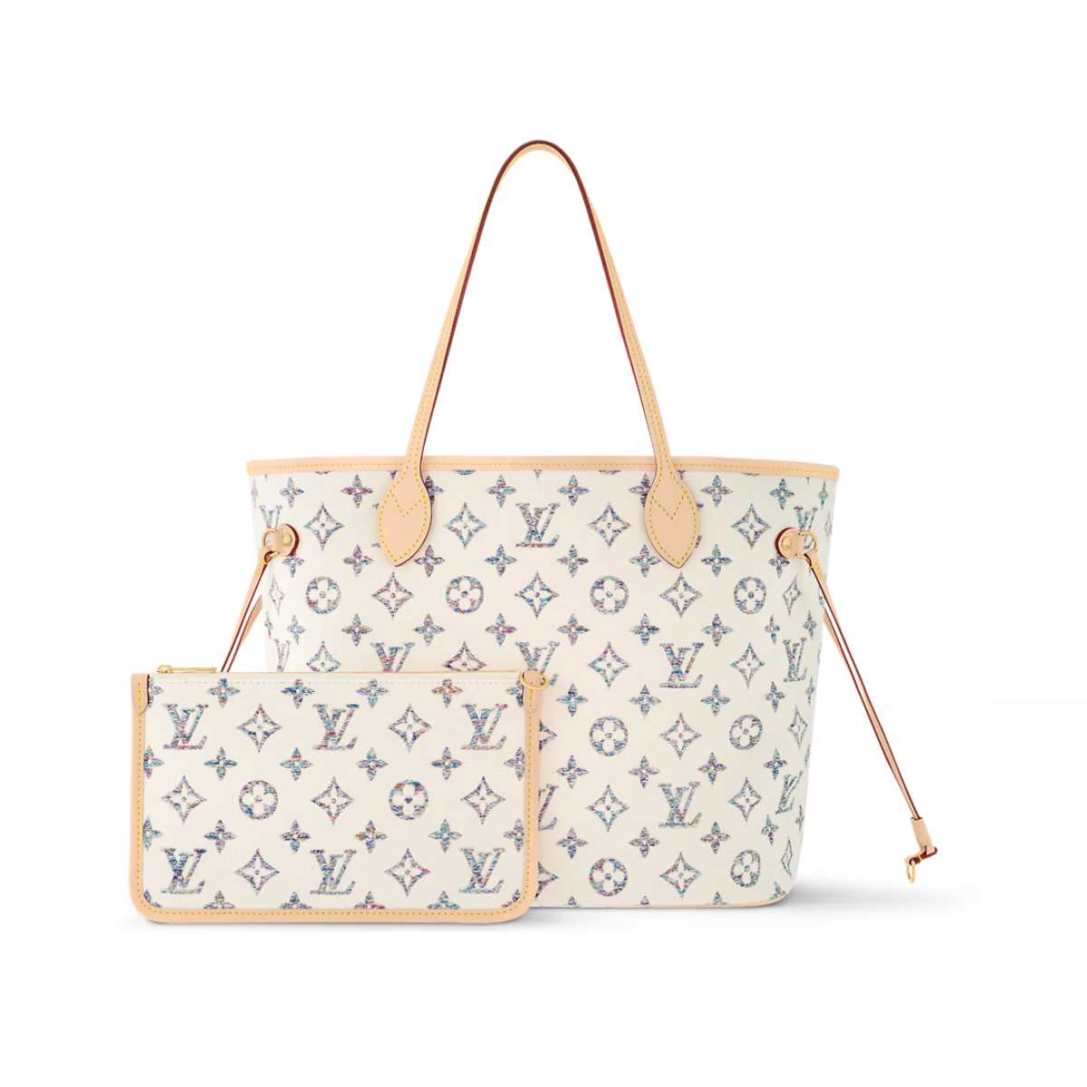 Neverfull MM Multicolor Beige – connected to the long shoulder straps is an engraved mirror charm – LUX VERSE Luxury Designer Fashion Outlet