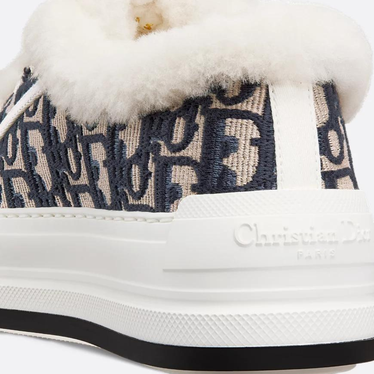 Walk'n'Platform Sneaker Cotton Shearling – the deep blue Oblique embroidered cotton upper is enhanced by white shearling lining – LUX VERSE Luxury Designer Fashion Outlet