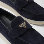 Suede leather loafers – upper with leather band Leather lining Enameled metal triangle logo Rubber sole – LUX VERSE Luxury Designer Fashion Outlet