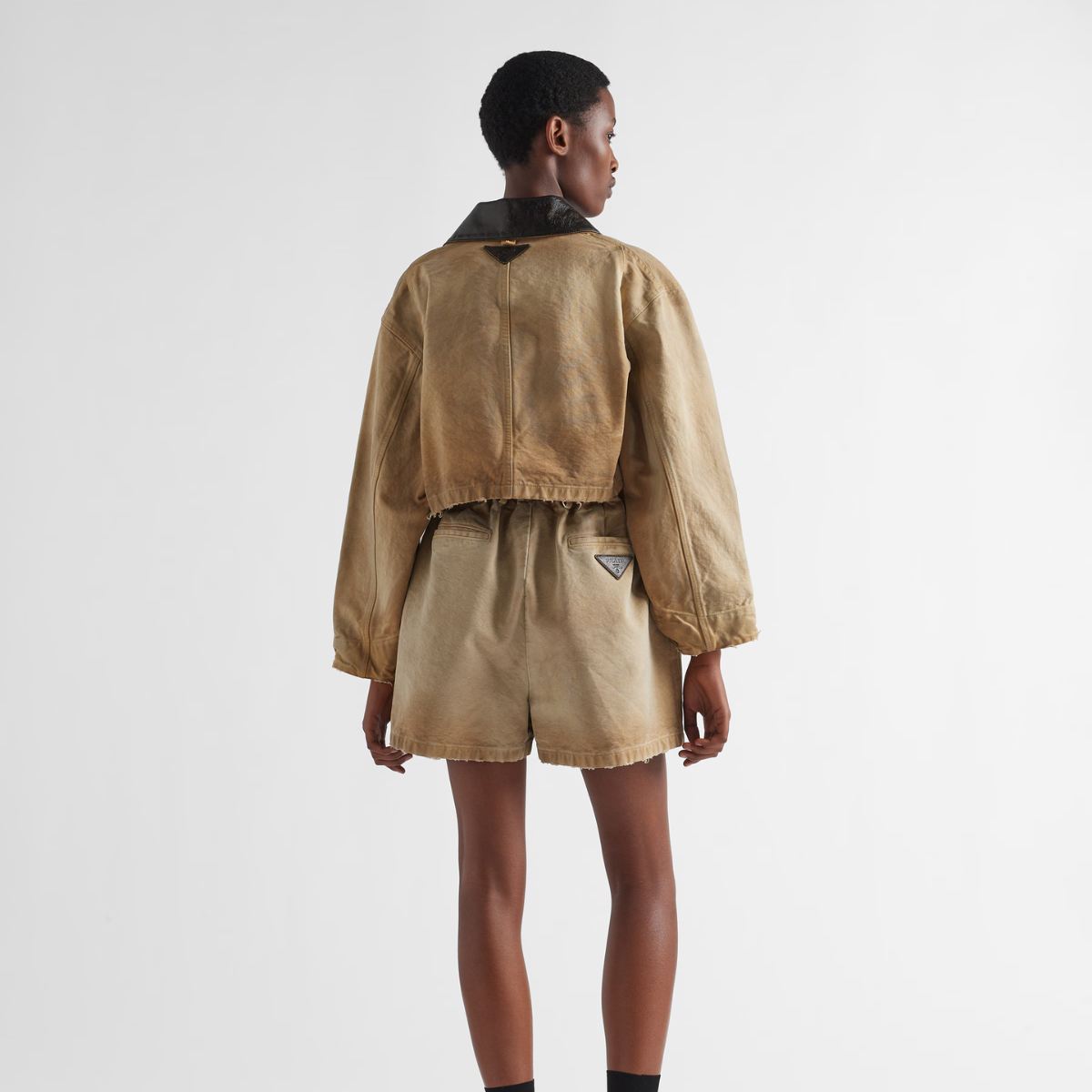 Cropped canvas jacket – unlined Leather collar Long sleeves Button closure Patch pockets Garment dyed – LUX VERSE Luxury Designer Fashion Outlet