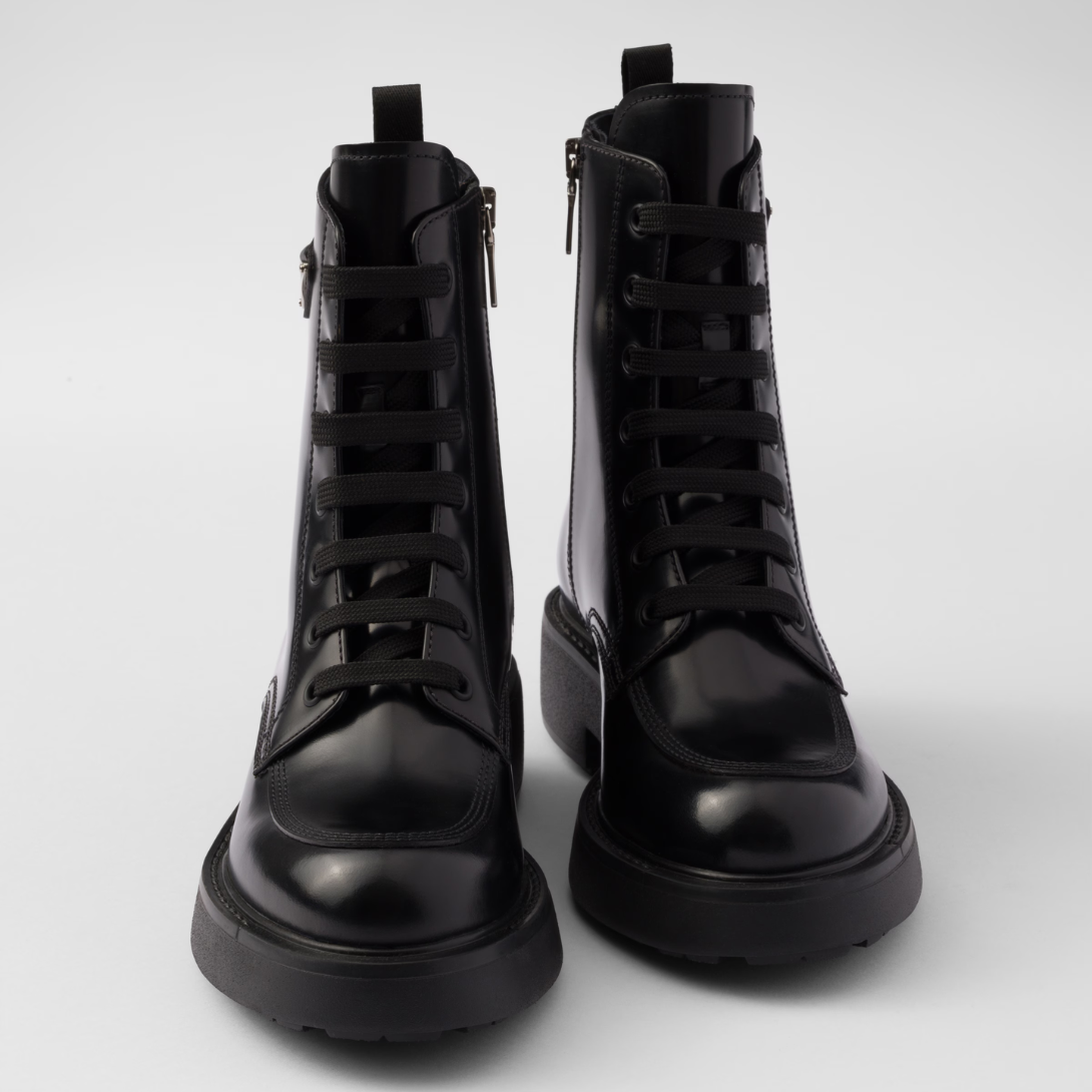 Brushed leather boots – leather lining Enameled metal triangle logo Polyester laces Boot leg: 16 cm Rubber – LUX VERSE Luxury Designer Fashion Outlet