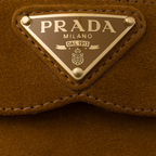 Suede and shearling mules – upper with leather band Enameled metal triangle logo Rubber sole, 25 mm – LUX VERSE Luxury Designer Fashion Outlet