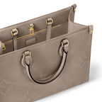 Onthego MM Beige – its articulated top handles and shoulder straps give carrying options – LUX VERSE Luxury Designer Fashion Outlet