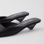 Satin mules – the essential, iconic geometric shape of triangle inspires the design of the heel – LUX VERSE Luxury Designer Fashion Outlet