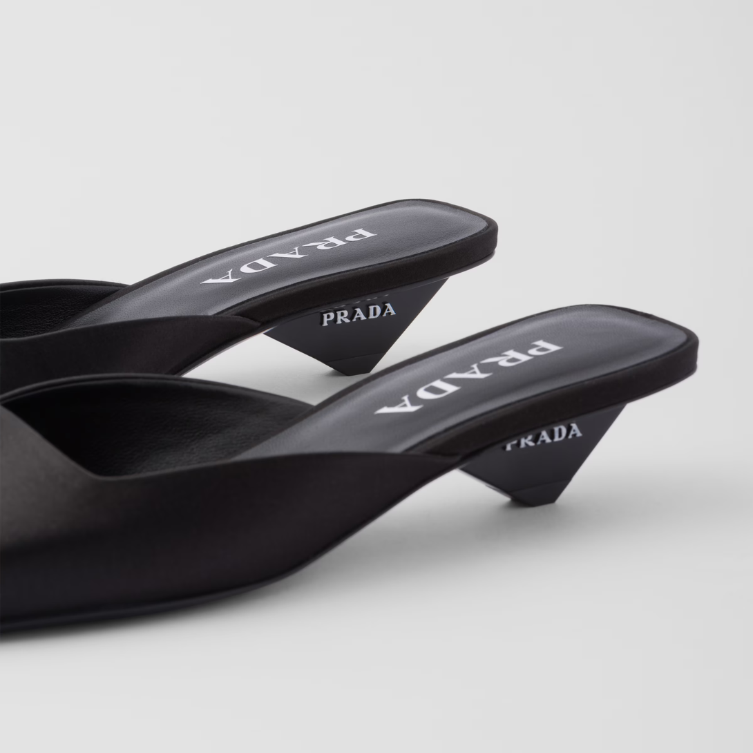 Satin mules – the essential, iconic geometric shape of triangle inspires the design of the heel – LUX VERSE Luxury Designer Fashion Outlet