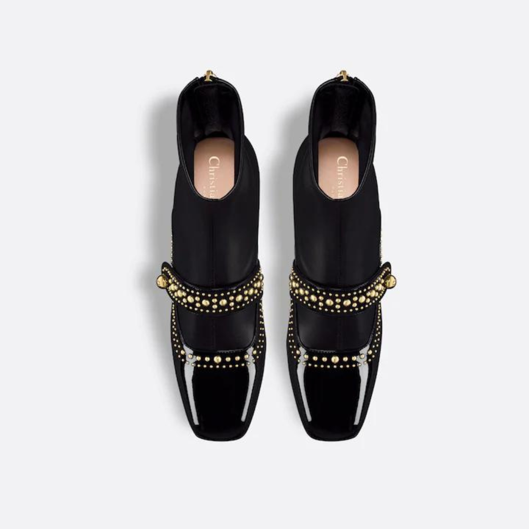 Belle-D Heeled Ankle Boot – reminiscent of a Mary Jane, the black patent calfskin and leather-effect stretch – LUX VERSE Luxury Designer Fashion Outlet