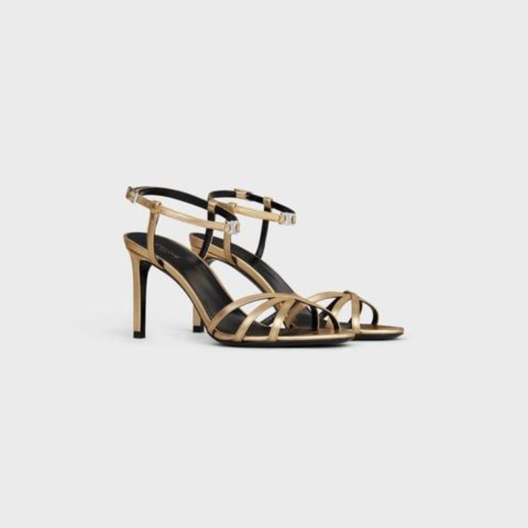 SOIR SANDAL in LAMBSKIN – 100% LAMBSKIN100% Goatskin Lining3.3 IN (85 MM) heelALMOND TOE SHAPEMETAL – LUX VERSE Luxury Designer Fashion Outlet