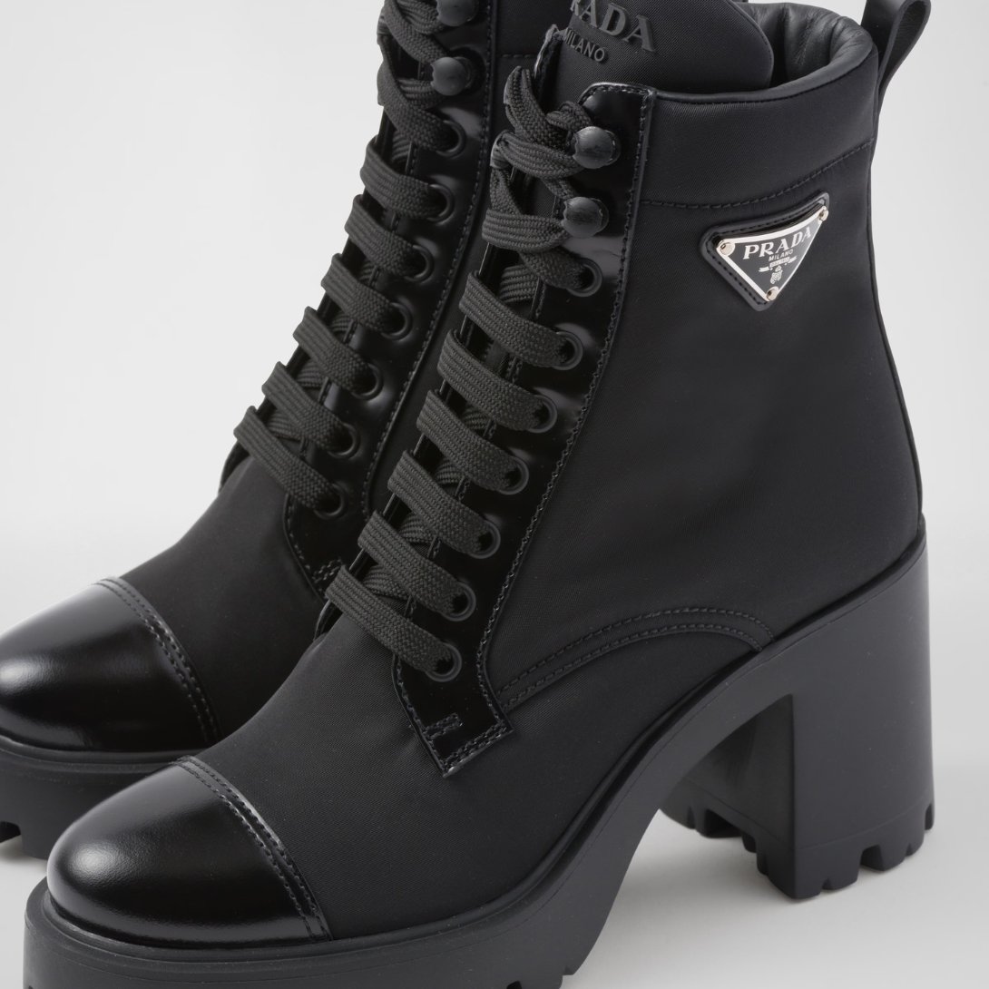 Re-Nylon and leather booties – upper with flat polyester laces Leather lining Enameled metal triangle logo 14 cm – LUX VERSE Luxury Designer Fashion Outlet