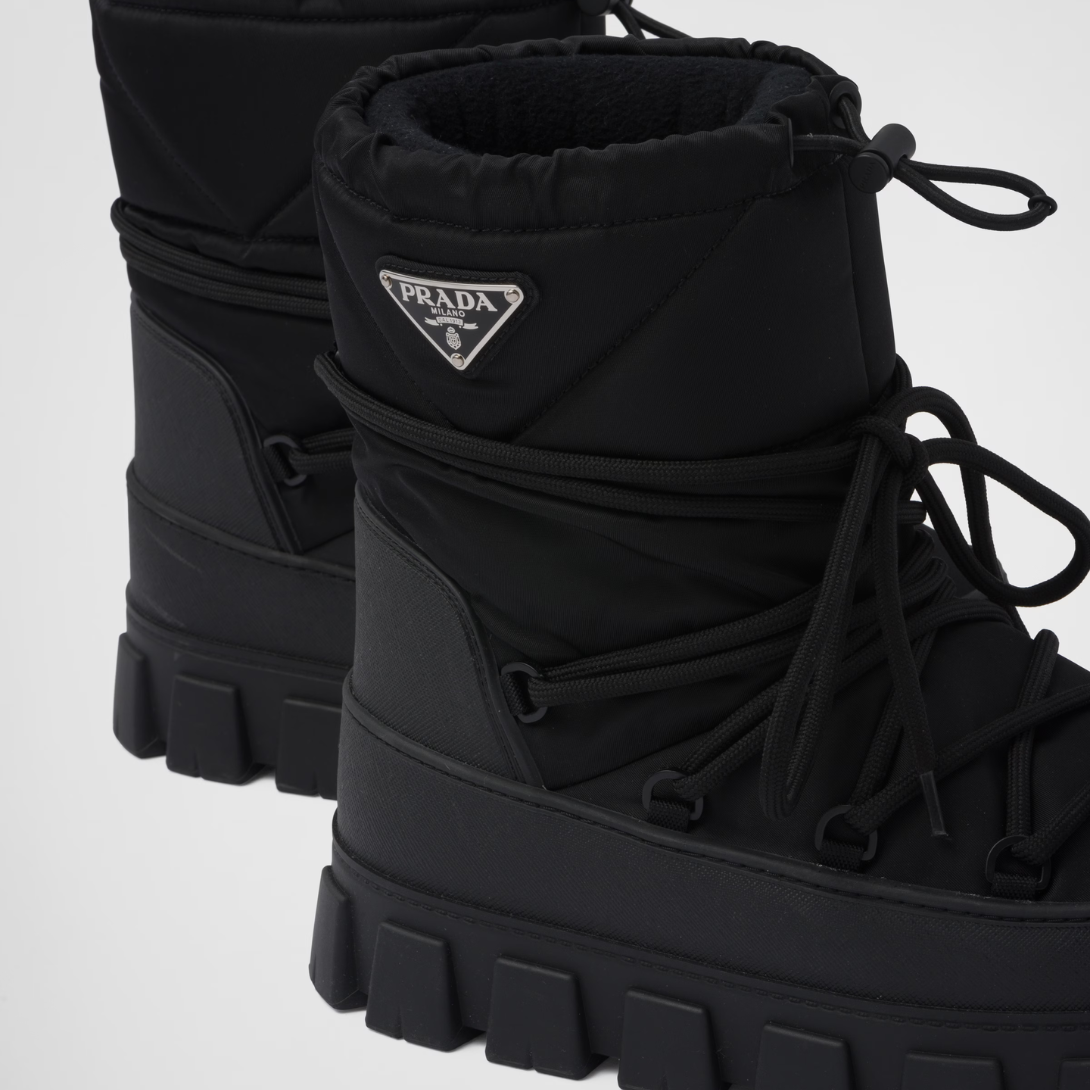Re-Nylon gabardine après-ski boots – leather lining Lettering logo on the tongue Enameled metal triangle logo Polyester – LUX VERSE Luxury Designer Fashion Outlet