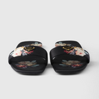 Printed satin slides – enameled metal triangle logo Monoblock leather sole, 05 mm, with hot-stamped logo – LUX VERSE Luxury Designer Fashion Outlet