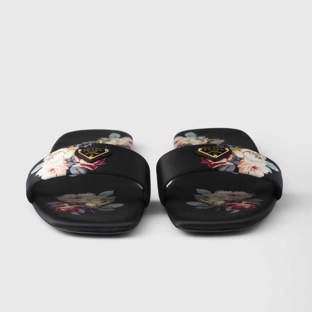Printed satin slides – enameled metal triangle logo Monoblock leather sole, 05 mm, with hot-stamped logo – LUX VERSE Luxury Designer Fashion Outlet