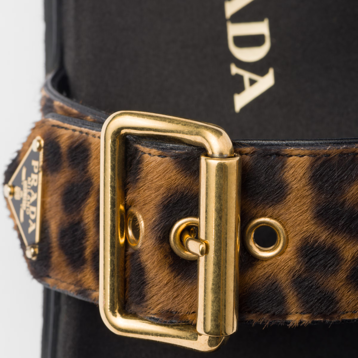 Printed leather Leopard Print slides – upper with metal buckle Enameled metal triangle logo Rubber sole, 10 mm Triangle – LUX VERSE Luxury Designer Fashion Outlet