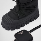 Re-Nylon gabardine après-ski boots with pouch – a removable pouch featuring the iconic enameled metal triangle logo decorates – LUX VERSE Luxury Designer Fashion Outlet