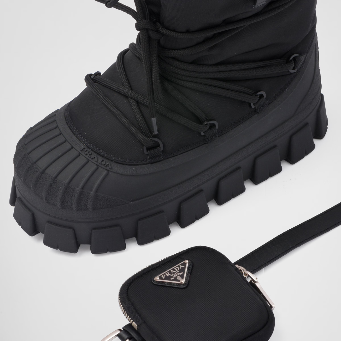 Re-Nylon gabardine après-ski boots with pouch – a removable pouch featuring the iconic enameled metal triangle logo decorates – LUX VERSE Luxury Designer Fashion Outlet