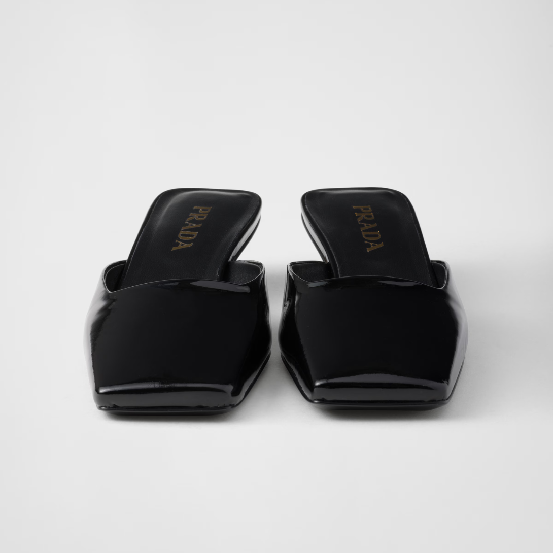 Patent leather mule – leather sole with hot-stamped logo Varnished heel with logo, height 35 mm Imported – LUX VERSE Luxury Designer Fashion Outlet