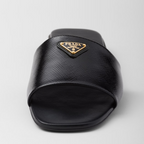 Saffiano patent leather slides – enameled metal triangle logo Leather sole with hot-stamped logo Leather-covered, – LUX VERSE Luxury Designer Fashion Outlet