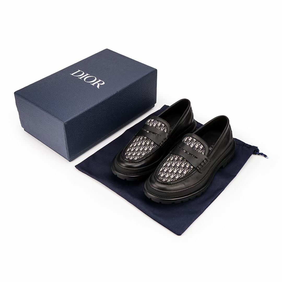 Black Leather Monogram Strap Loafer - Men's