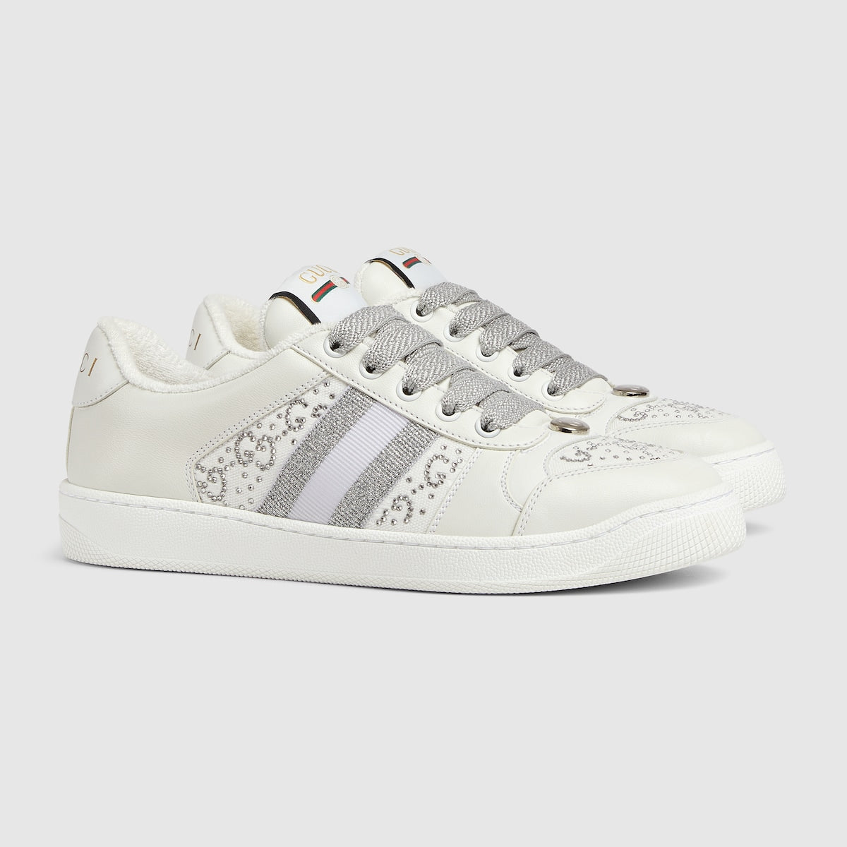 Screener fabric sneaker – light grey leather Women's White GG Crystal canvas insert Grey and white Web Oval – LUX VERSE Luxury Designer Fashion Outlet