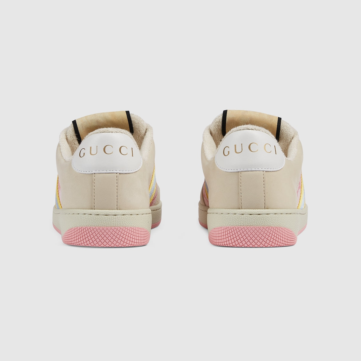 Screener GG sneaker – light pink GG canvas Women's Beige suede trim Yellow and blue Web White leather – LUX VERSE Luxury Designer Fashion Outlet